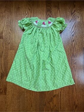 Castles & Crowns Lime Green Polka Dot Smocked Dress with Elf Hats 3T